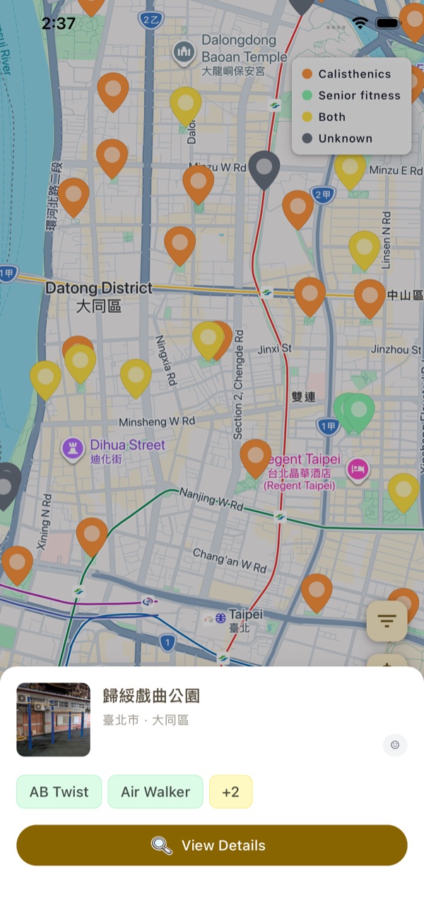 Cali Ape app map screen showing calisthenics spots with details popup