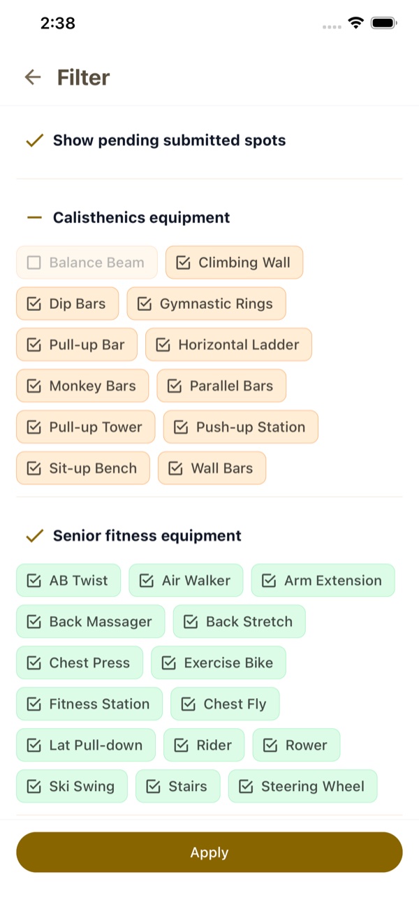 Cali Ape app equipment filter screen, filterable by pull-up bar, parallel bars, dip station and more